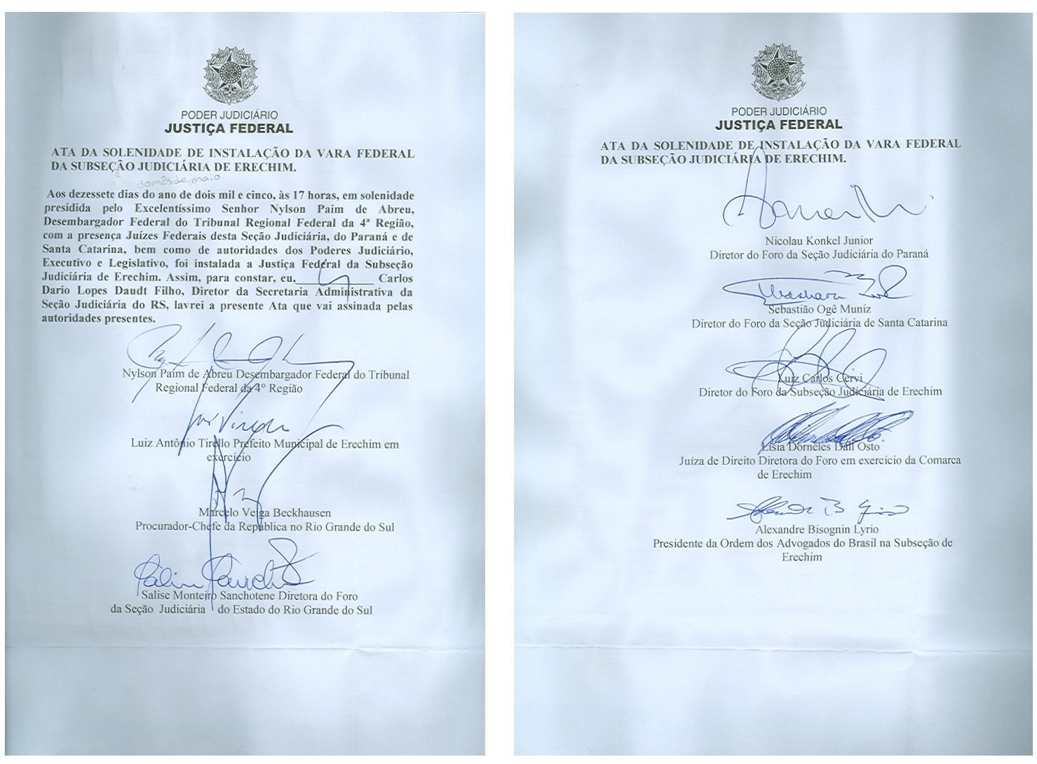 A imagem mostra as duas páginas da ata de solenidade de instalação da vara federal em Erechim com o texto e as assinaturas