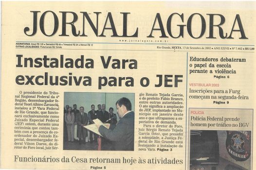 Jornal Agora, 13/09/2002, “Instalada Vara exclusiva para o JEF”